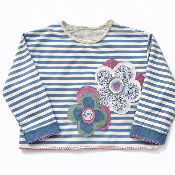 Boho Striped Floral Patch Top Oversized Ice Blue White Raw Edge Hand Stitch M/L - Picture 7 of 12